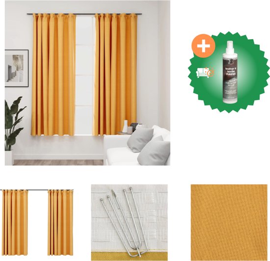 vidaXL Gordijnen linnen-look verduisterend haken 2 st 140x175 cm geel - Gordijn - Inclusief Reiniger