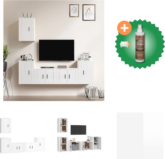 vidaXL 5-delige Tv-meubelset bewerkt hout hoogglans wit - Kast - Inclusief Houtreiniger en verfrisser