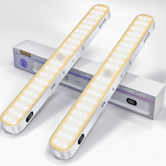 Willed - Éclairage d'armoire - Lampe de bureau - Capteur de mouvement - Affichage de la batterie - 60 LED - Barre lumineuse tactile - Batterie rechargeable - Veilleuse - Lumière chaude - Lumière d'armoire.
