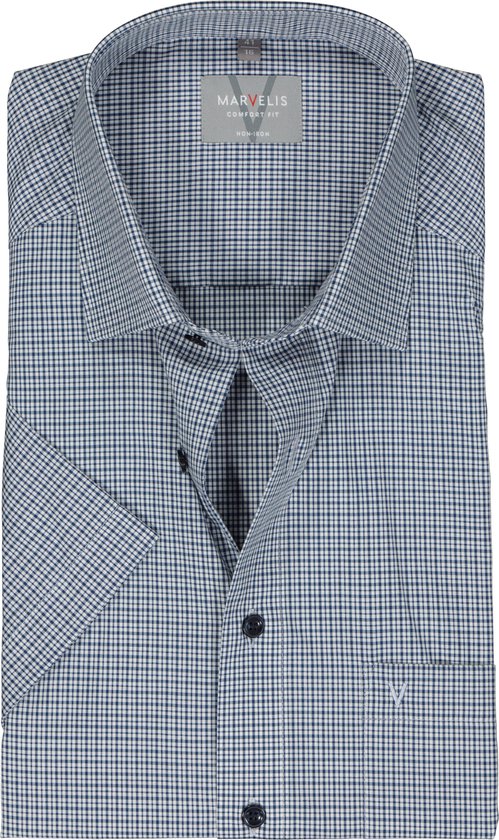 MARVELIS comfort fit overhemd - korte mouw - popeline - donkerblauw met wit geruit - Strijkvrij - Boordmaat: 40