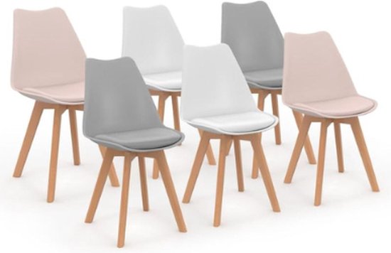 Set de 6 chaises scandinaves SARA Mix Color Pastel Rose x2, gris clair x 2 et blanc x2