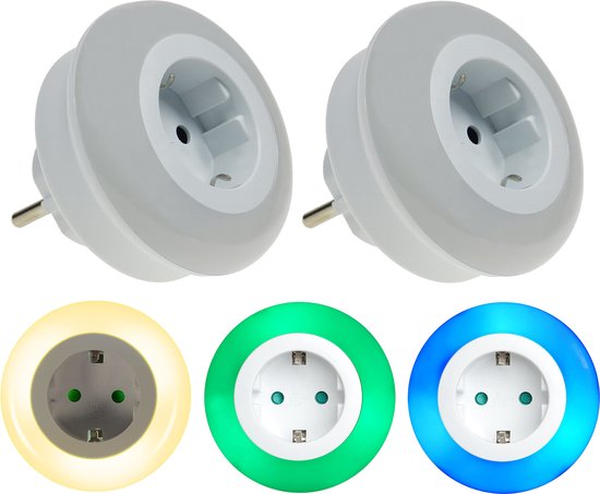 TrangoSet van 2 LED-kindernachtlampjes met fitting 11-253 *ALEX* oriëntatielicht, nachtlampje incl. lichtsterkte, schemersensor & aanraakschakelaar voor drie LED-kleurinstellingen warm wit-blauw-groen veiligheidslicht