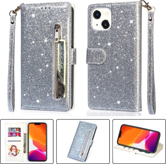 Étui portefeuille - Étui portefeuille - Glitter éclair à paillettes scintillantes - Étui de téléphone avec Kord Convient pour : Apple iPhone 14 - Argent