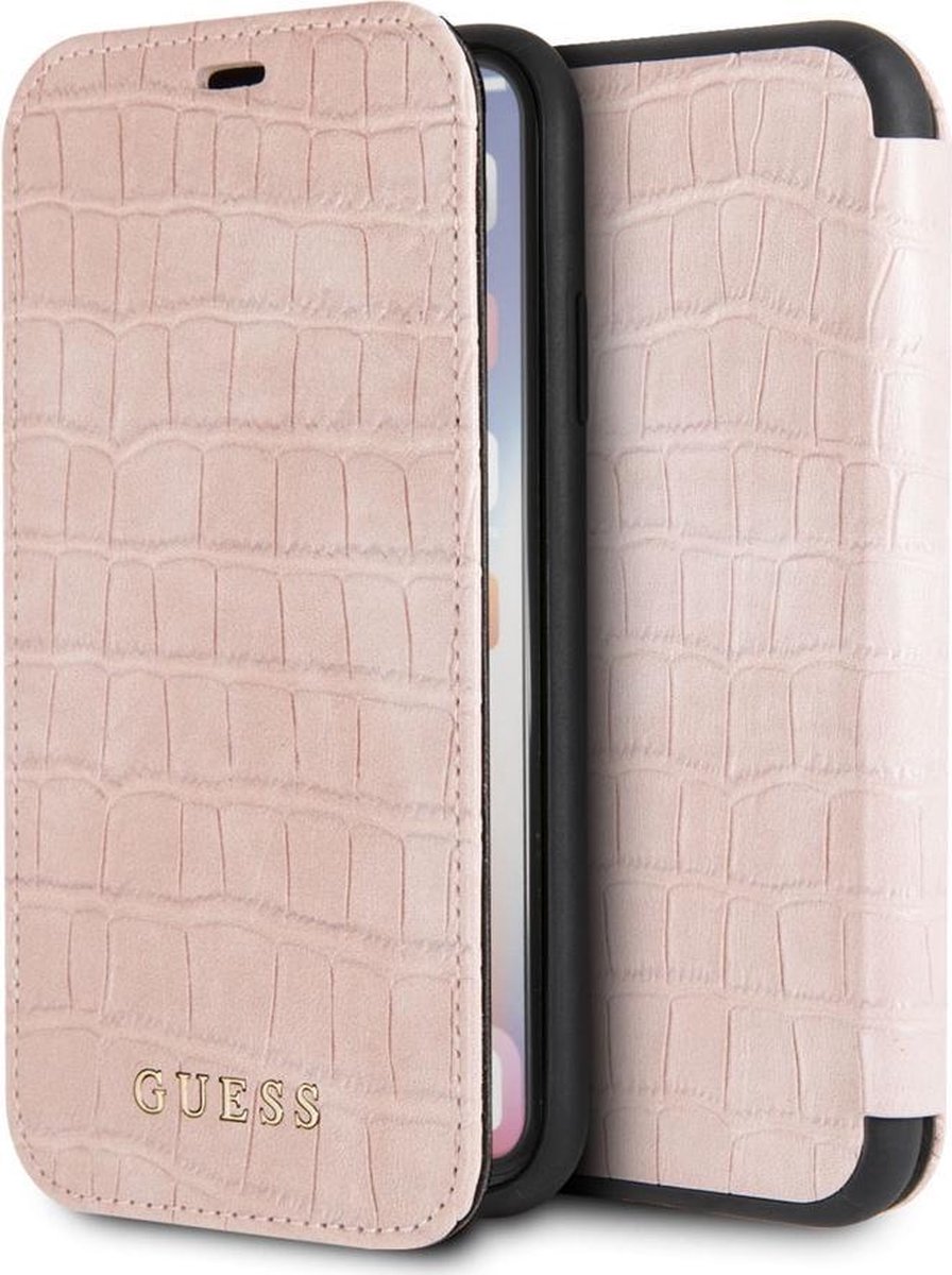 iPhone Xs/X Bookcase hoesje - Guess - Croco Roze - Kunstleer