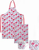 Flamingo theedoek + mok / tas / beker met onderzetter + keukenschort / kookschort