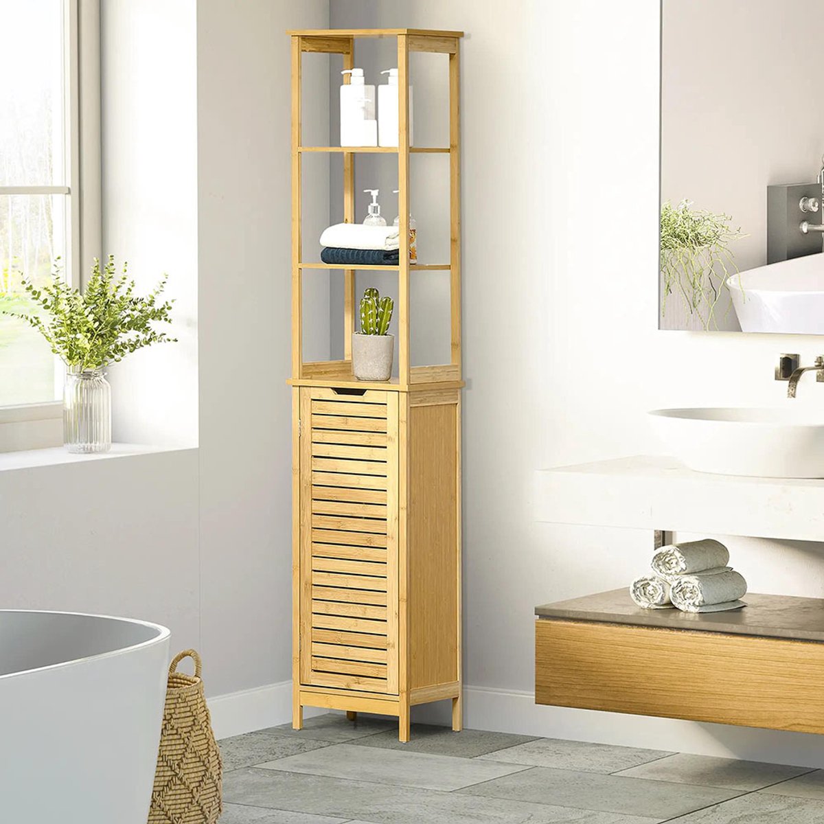 Sweiko Badkamerkast - Hoge kast - 3 legplanken - Luikdeurkast - Kantelbeveiliging - Bamboe - 34 x 30 x 173 cm