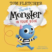 De cover van "There's a Monster in Your Book" van Tom Fletcher. Een blauw monster met hoorns, gestreepte trui en een staart rent over een gele achtergrond.