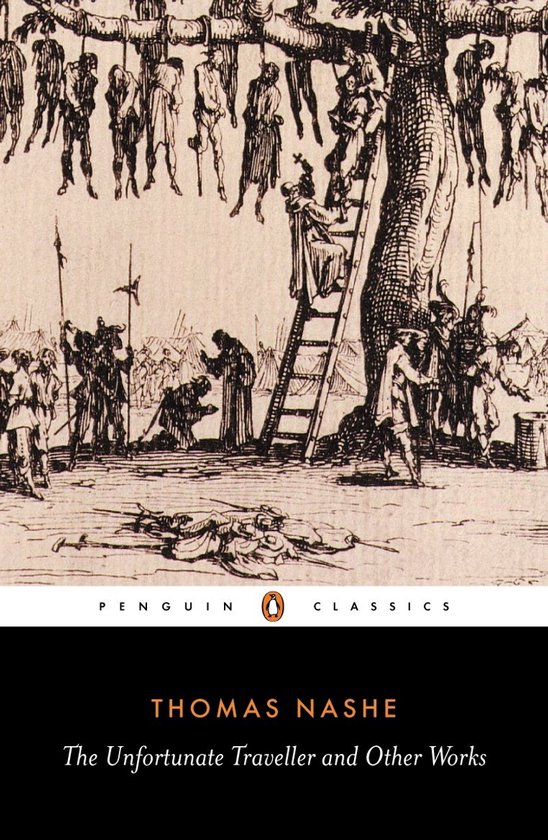 Boekcover met tekening van opgehangen figuren aan een boom, "The Unfortunate Traveller and Other Works"