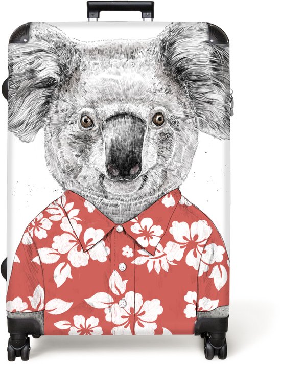 Koffer met een print van een koala met een open mond en een rood overhemd met witte bloemen.