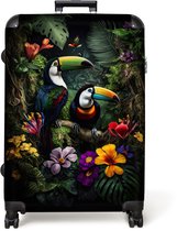 NoBoringSuitcases.com® - Koffer groot - Reiskoffer lichtgewicht - Toekan - Bloemen - Tropisch - Jungle - Vogel - Rolkoffer met 4 wielen - Grote trolley XL - 98 liter bagage