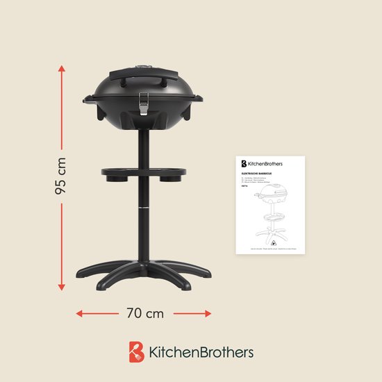 KitchenBrothers Elektrische BBQ - Opvouwbaar - Anti-aanbaklaag - PFAS-vrij - tot 250°C - 2400W - Zwart