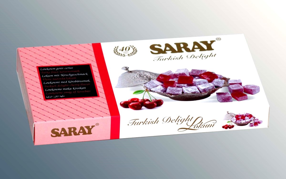 Saray Turks Fruit met Kersensmaak 400 gr - Saray Visne Tadinda Lokum Turk Lokumu - Saray Turkish Delight with Cherry Flavor 400 g