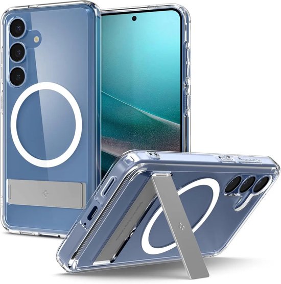 Spigen Ultra Hybrid S MagFit – Coque compatible avec Samsung Galaxy S25 Plus – Compatible MagSafe / Qi2 – Coque arrière avec coussin Air – Support pliable – Wit