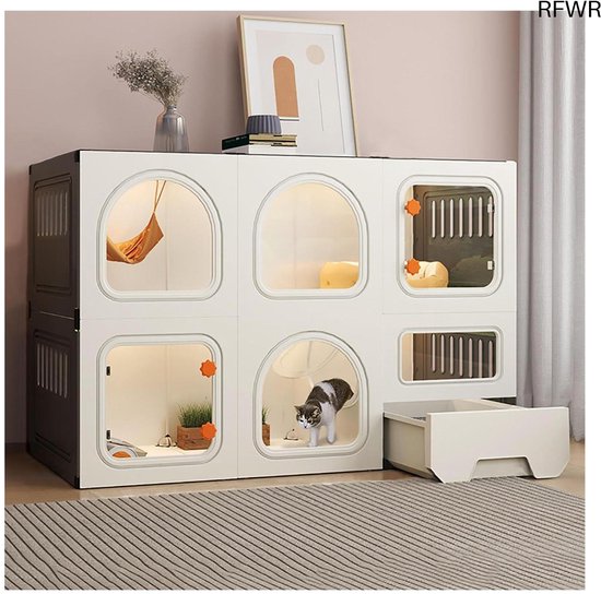 YITAHOME Kattenkooi met 4 verdiepingen met hangmat, afneembare draadkooi, kennel voor kleine dieren binnenshuis, hek voor 1-4 katten, doe-het-zelf box voor huisdieren, 105 x 105 x 140 cm