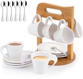 Lot de 6 tasses à café avec soucoupes et support en bambou - Tasses à expresso en porcelaine 80 ml