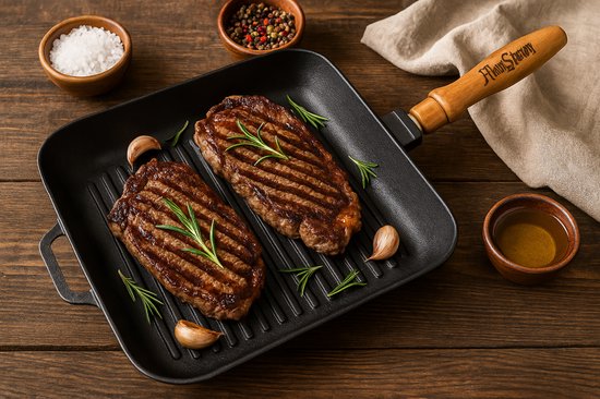 MAYSTERNYA Grillpan Gietijzer - 28 x 28 x 4 cm - Geschikt Voor Inductie - Steakpan - Grillen - Bakken - BBQ Accessoires - Grillplaat - Barbecue - Gietijzer - Pannenset - Barbecue Cadeau - Cadeau - Cadeaupakket - Mat Zwart