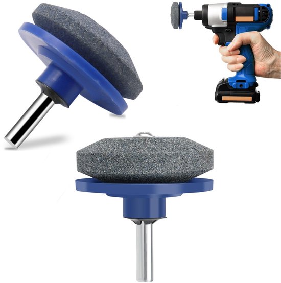 Grindsteen met blauwe houder en metalen steel, gecombineerd met een elektrische boormachine.