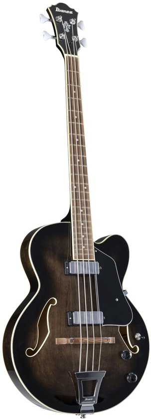 Zwarte semi-akoestische Ibanez basgitaar met esdoorn body en geverniste toets.
