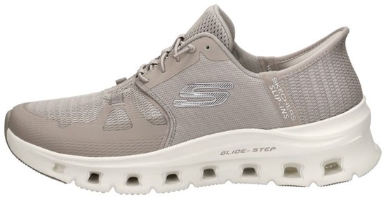 Grijze Skechers Slip-ins Glide Step sneaker, zijaanzicht, met veters en crèmekleurige zool.