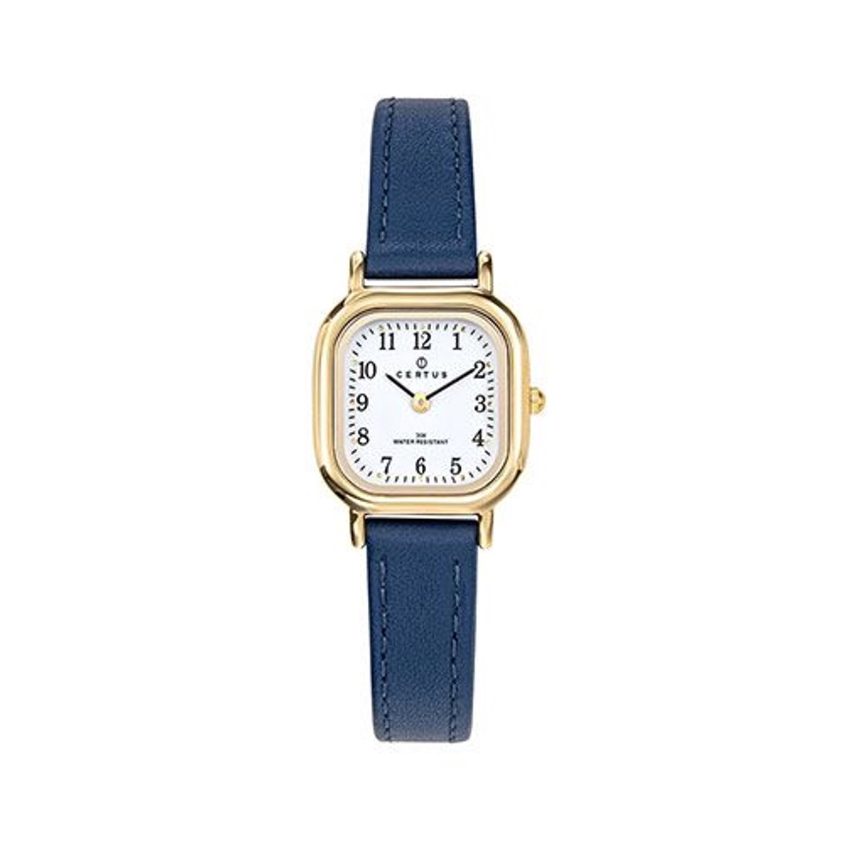 Certus-dameshorloge-model 646514-goudkleurig-donkerblauw soepel leder-5 atm waterdicht- afmeting 23 x 23 mm-made in France