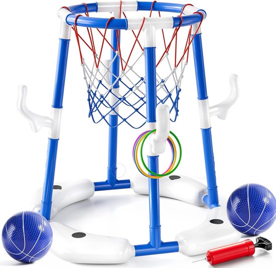 Huntex Pool Toys Basketbal & Ring Game – Blauw – Jouets aquatiques 2 en 1 et jeu familial pour piscine – Comprend 2 Balles, 12 Bagues et une pompe