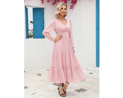 Dames lange avondjurk elegante cocktailjurk tuniek casual jurk V-hals dunne lange mouwen Roze XXL