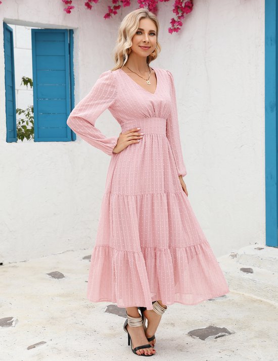 Dames lange avondjurk elegante cocktailjurk tuniek casual jurk V-hals dunne lange mouwen Roze XXL