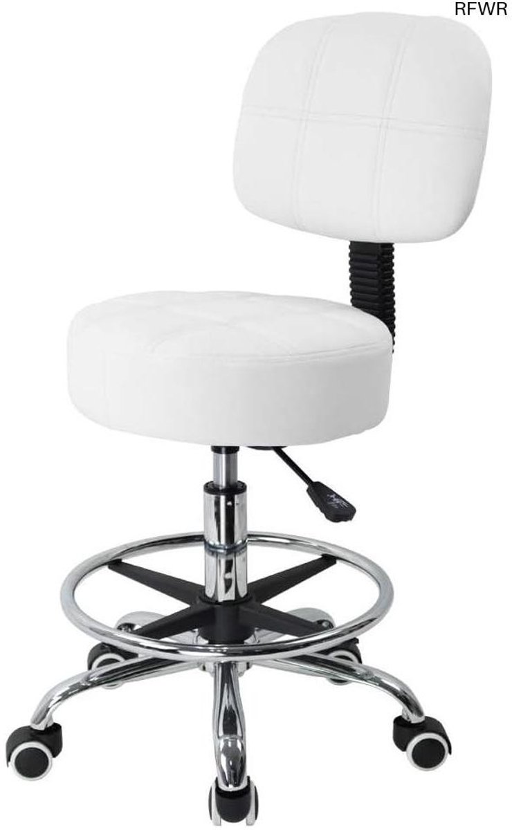 RFWR® Draaibare ronde rollende kruk met verstelbare voetsteun en rugleuning - PU-leer Wit