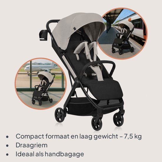 Grijze buggy, compact en lichtgewicht (7,5 kg), ideaal als handbagage, met draagriem.