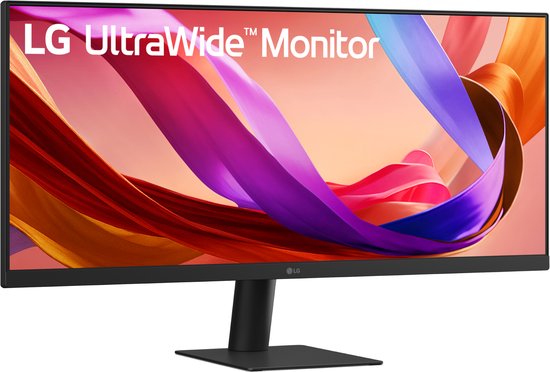 Zwarte LG UltraWide monitor op een zwarte standaard. Scherm toont abstracte kleuren.