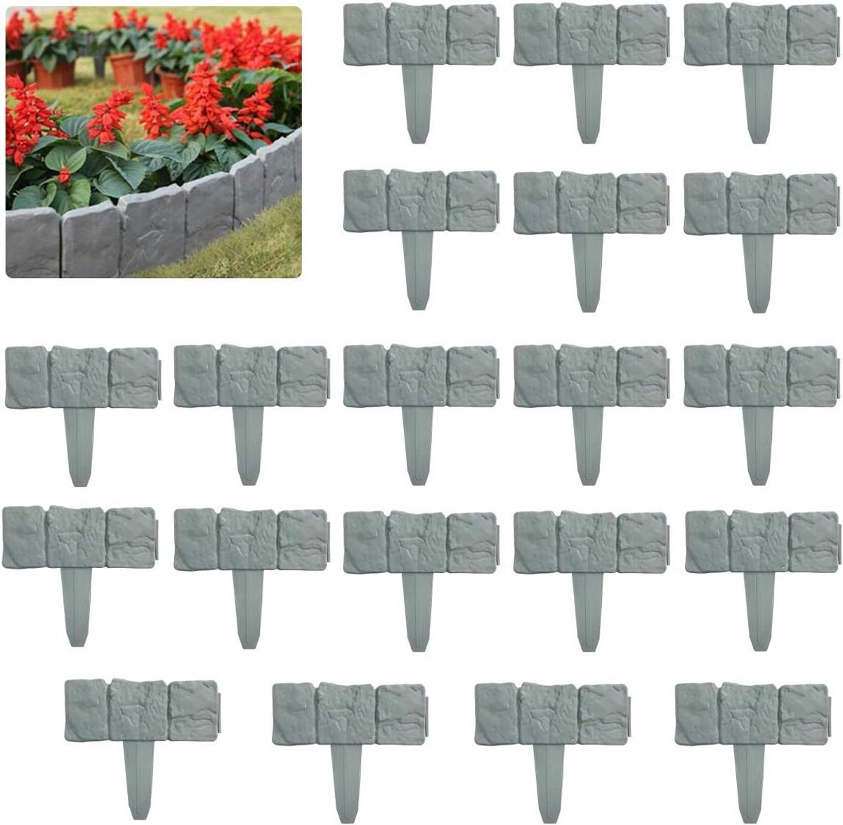 Geplaveide stenen effect tuinrand - 20 stuks grijze plastic omheining voor gazon - Decoratieve bloembed grens - DIY grasrand - Geschikt voor terras en loopbruggen - Eenvoudig te installeren - 5 meter-lang
