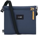 Blauwe Pacsafe crossbody tas met een geel accent op de rits. Het logo 'pacsafe' is zichtbaar.
