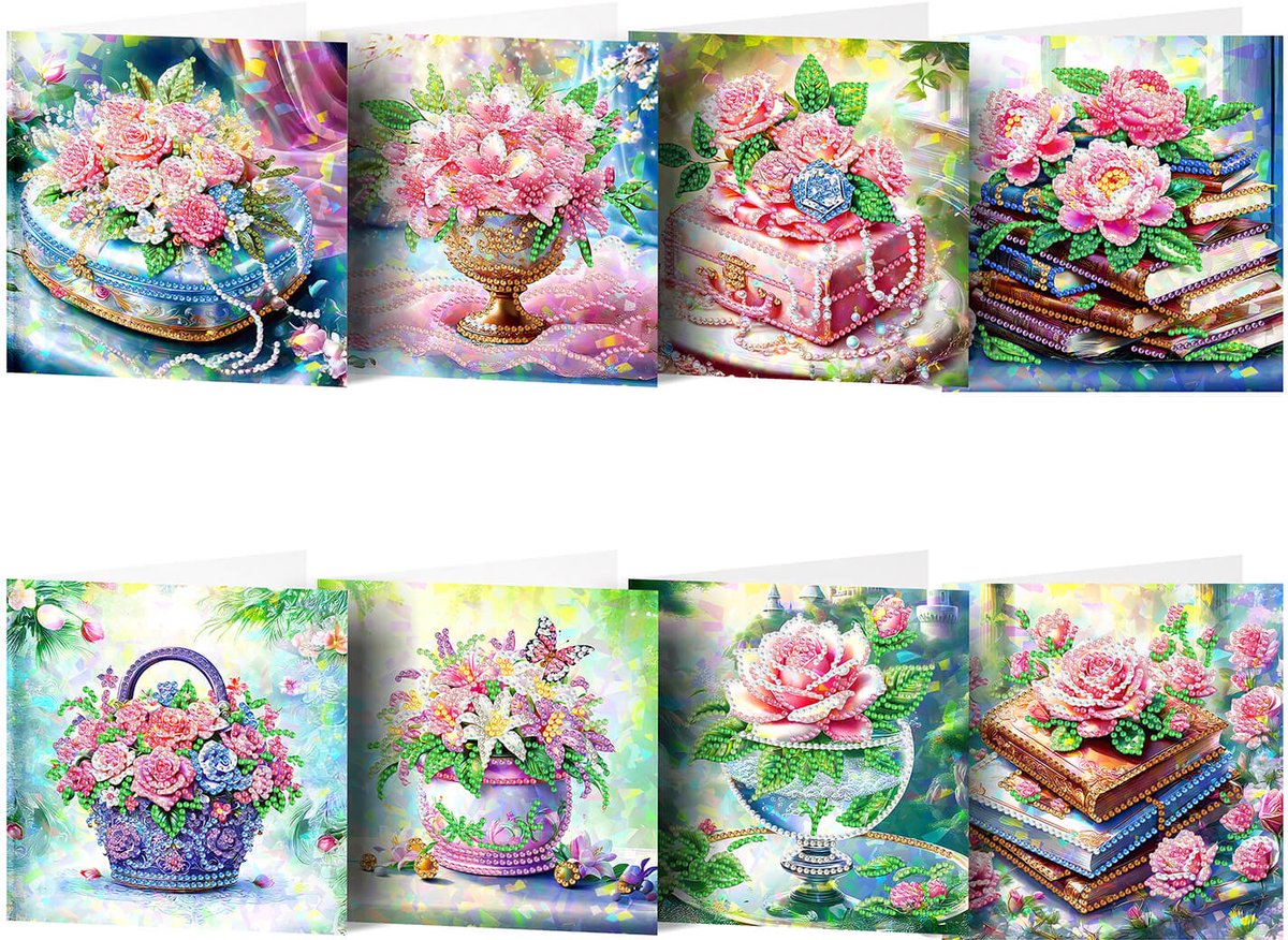Adorzy Diamond Painting Kaarten – 8 Wenskaarten met envelop - Diamond Painting Volwassenen – Diamond Painting Volledig Pakket - Diamond Painting Bloemen