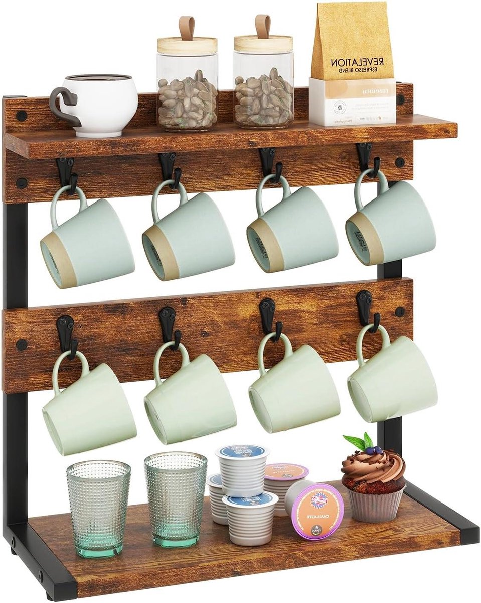Rustieke koffiemok houder - 2 Tier boomhouder voor aanrecht - Vintage mokkenhouders voor keuken - Houdt 8 mokken - Bruin - Opbergbasis - TBJ002H