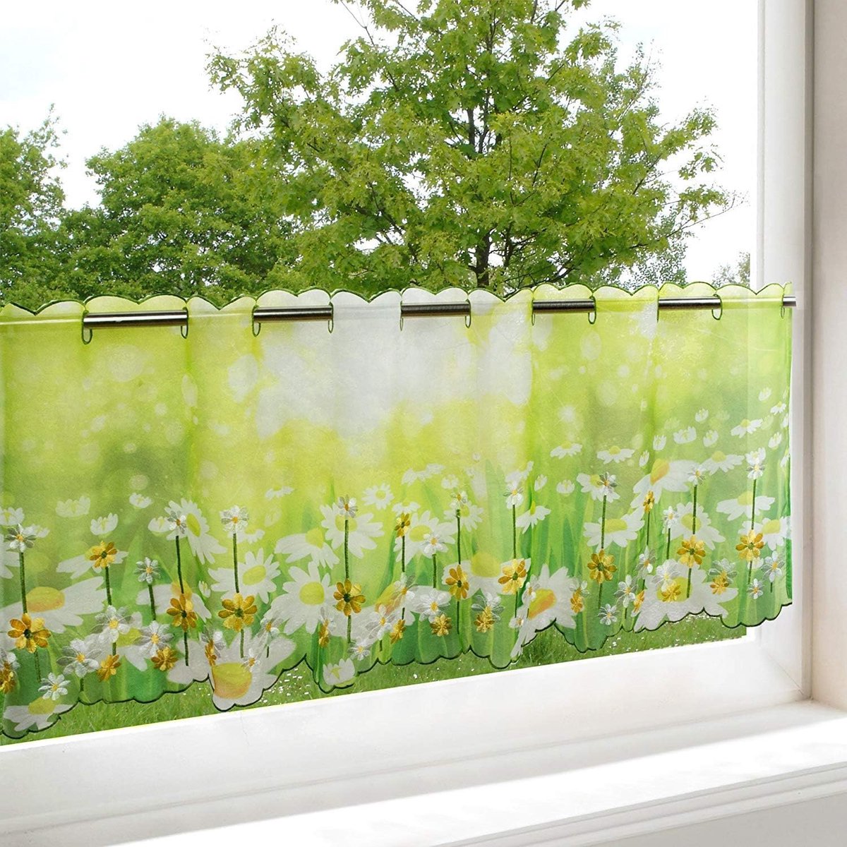 Ibenzoa Stijlvolle Groene Bistrogordijnen met Margrietmotief voor Keuken en Badkamer, 45x115 cm