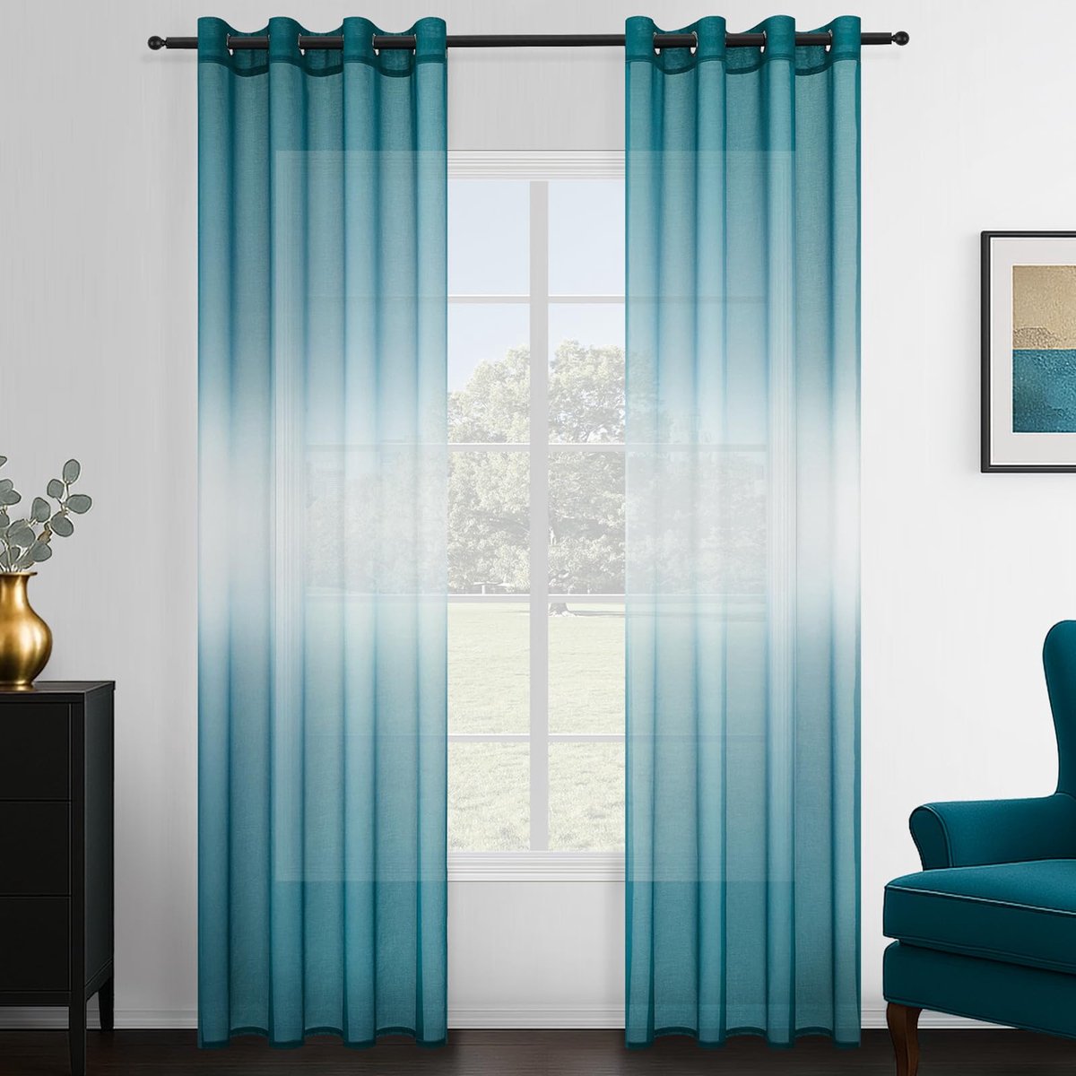 Ibenzoa® Moderne Transparante Gordijnen met Oogjes voor Woonkamer en Slaapkamer - Set van 2, Turquoise en Wit, 140x240 cm