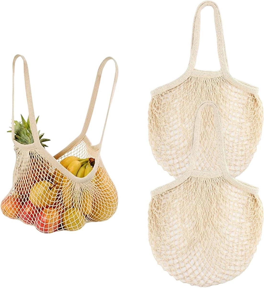 Allecto Plus - Set van 2 herbruikbare katoenen boodschappentassen met lange handgrepen voor groenten en fruitopslag - Beige - Milieuvriendelijk en duurzaam