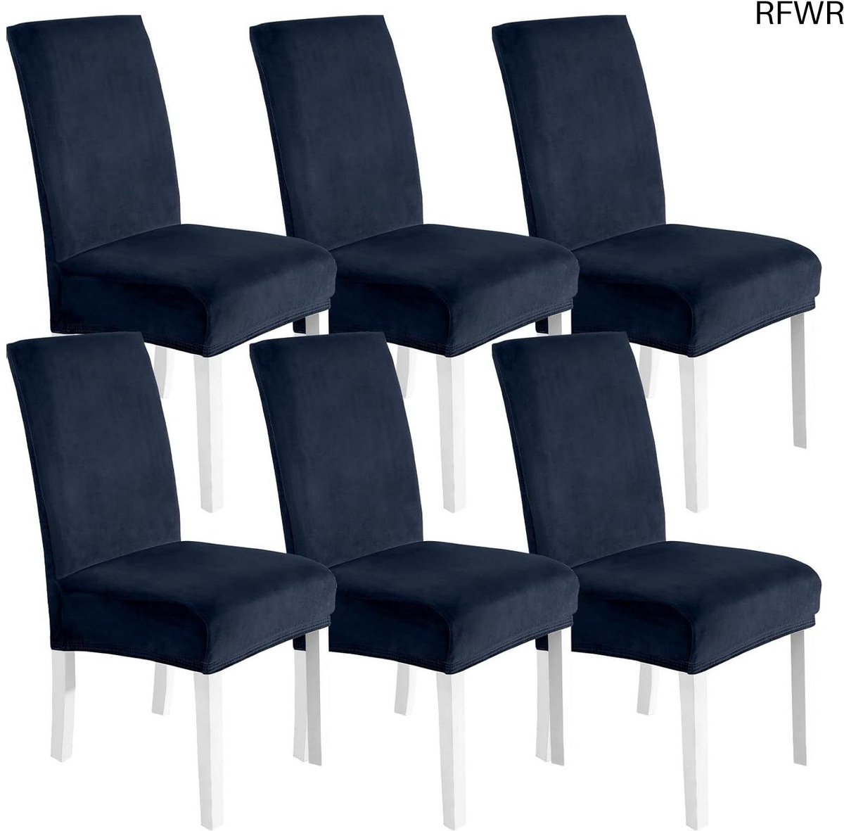 RFWR Moderne Fluwelen Stoelhoezen Set van 6 - Verwijderbaar en Wasbaar Design voor Eetkamerstoelen - Donkerblauw Donker Blauw