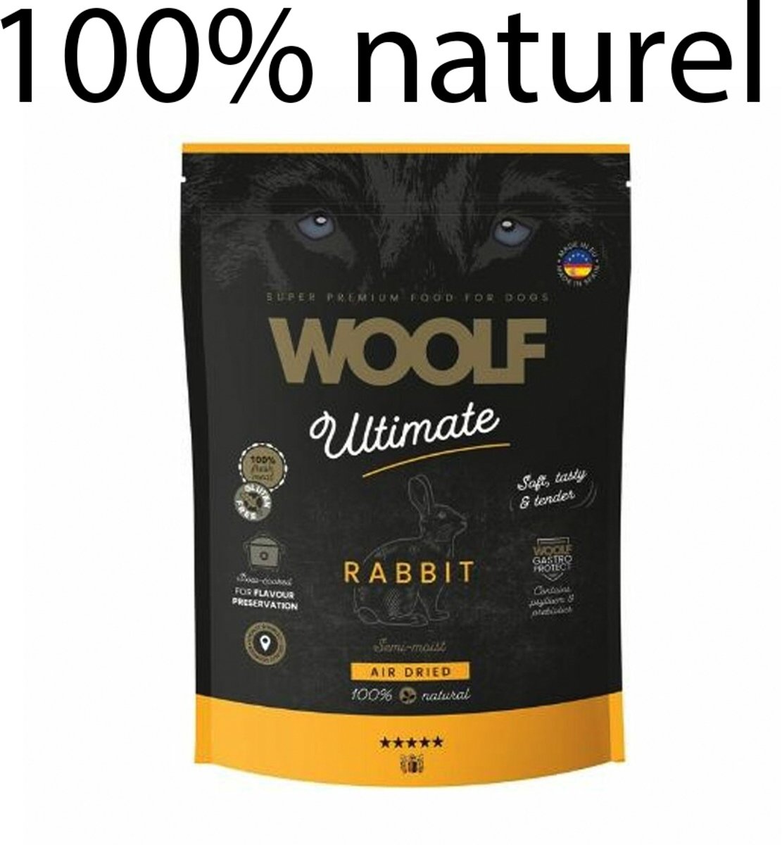 woolf premium hondenvoer RABBIT 100% naturel - semi moist - glutenvrij - 100% fresh meat - konijn 45% varken 30% vis 10% met prebiotica