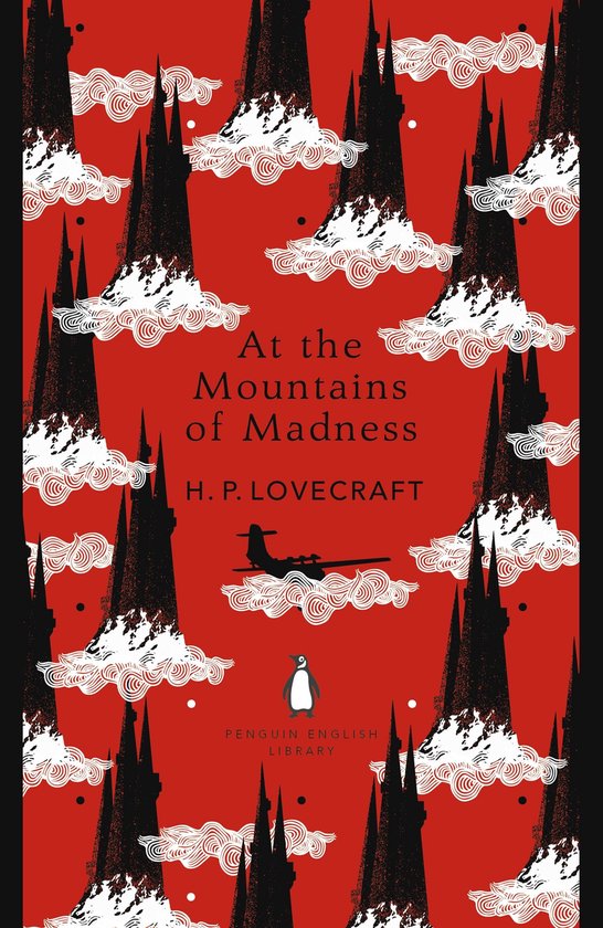 Boek 'At the Mountains of Madness' van H.P. Lovecraft, met rode kaft met zwarte bergen en witte wolken. Penguin English Library.