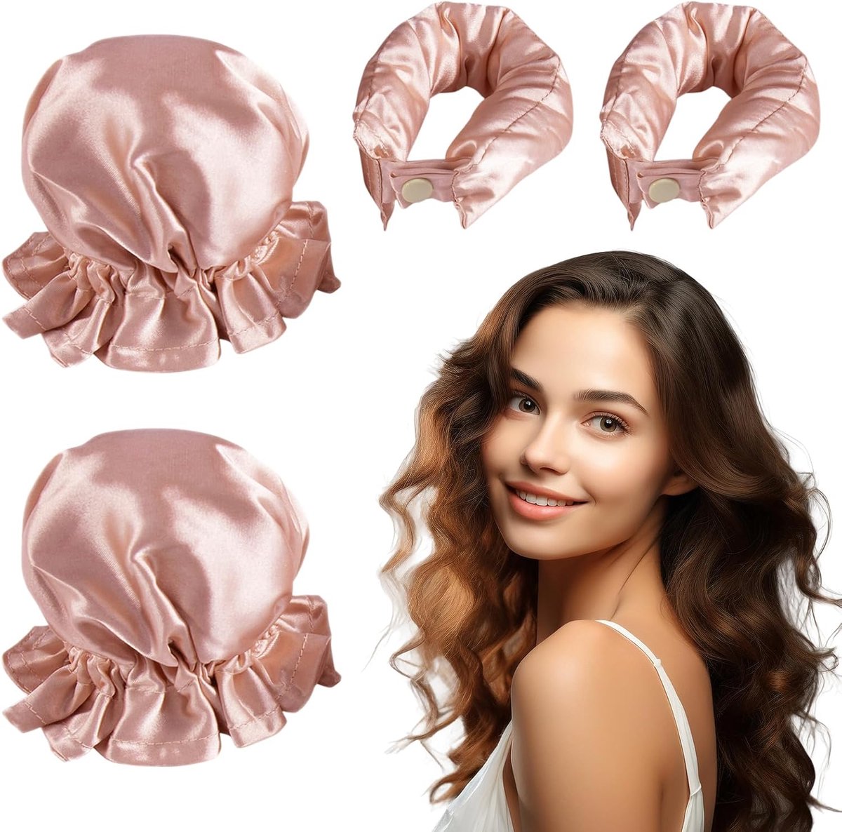 Heatless Curls - Zero Heat Bun-Bon - curly girl producten - Zero Heat Bun - Hittevrije Krullen - Haarrollers - Satijnen Haarkruller - Set van 2 rollers & 2 kapjes - Roze