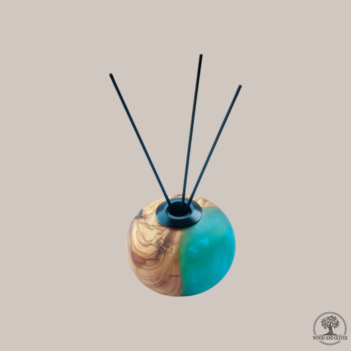 Wood and Olives - Olijfhouten Geurstokhouder met Epoxy - Turquoise - Handgemaakt - 11 cm