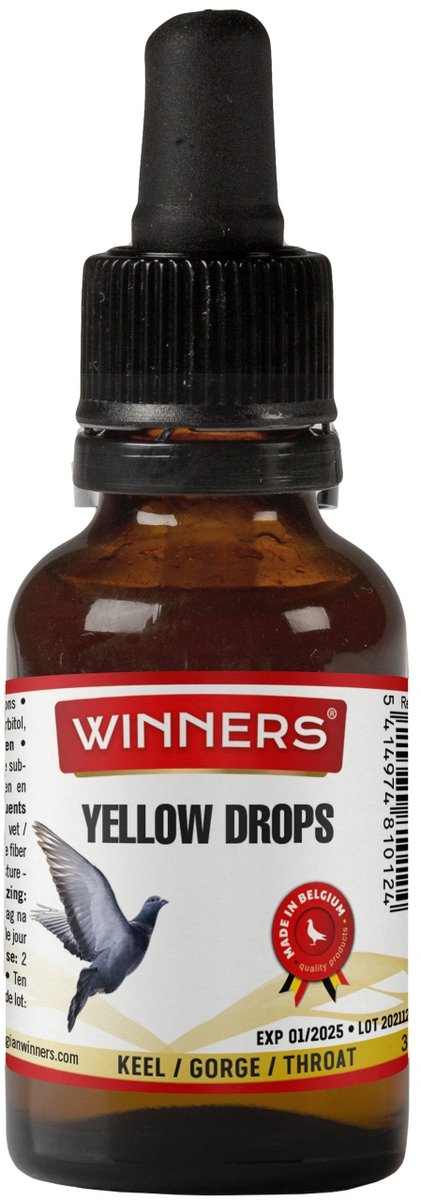 Belgian Winners Yellow Drops 30ml - supplement voor reisduiven/postduiven: gele druppels voor een schone keel