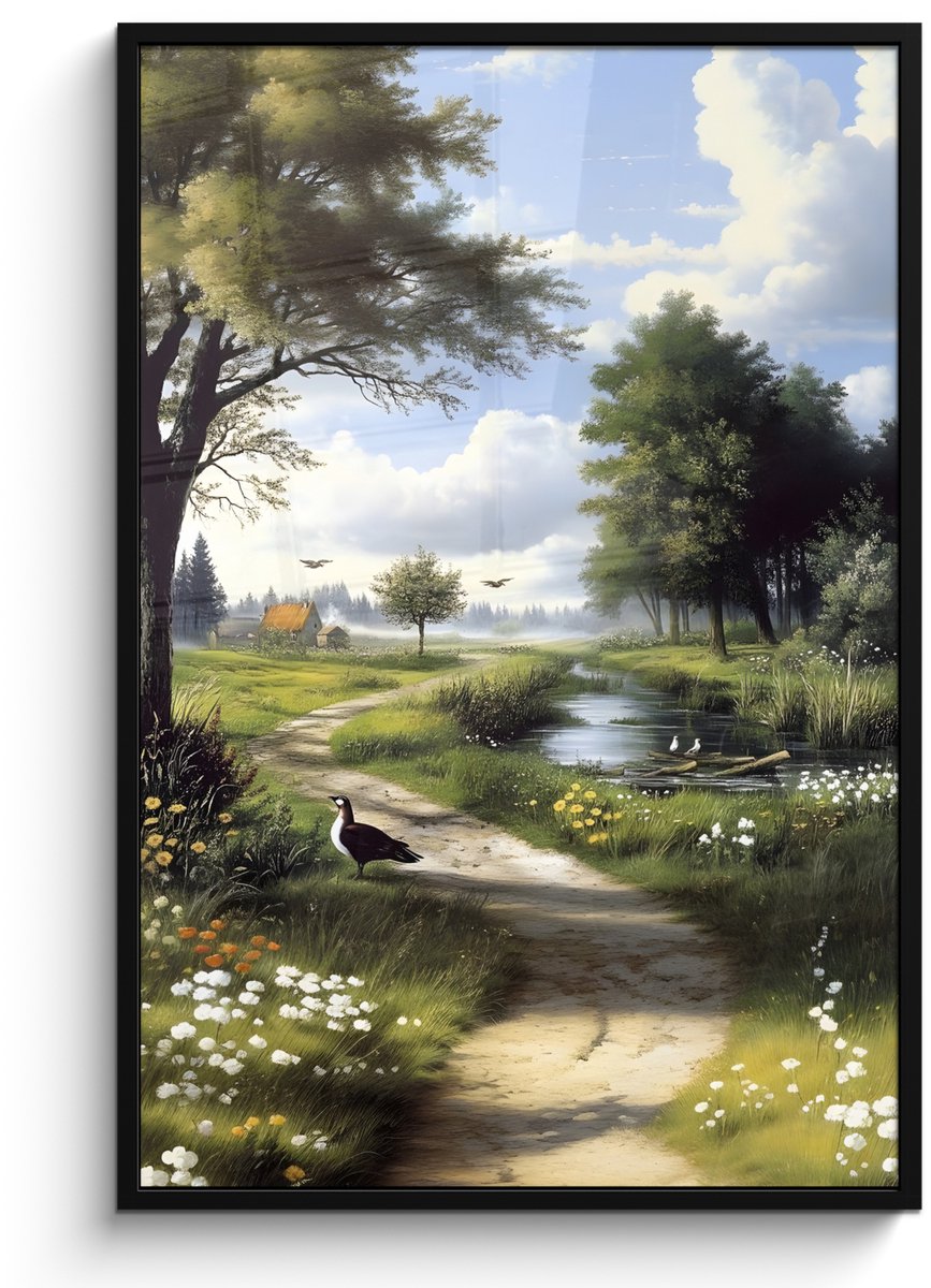 FrameYourWall Poster in lijst - Fotolijst 80x120 cm - Posters - Zandpad - Groen landschap - Water - Posterlijst zwart - Decoratie - Wanddecoratie woonkamer - Muurdecoratie slaapkamer Zandpad - Water