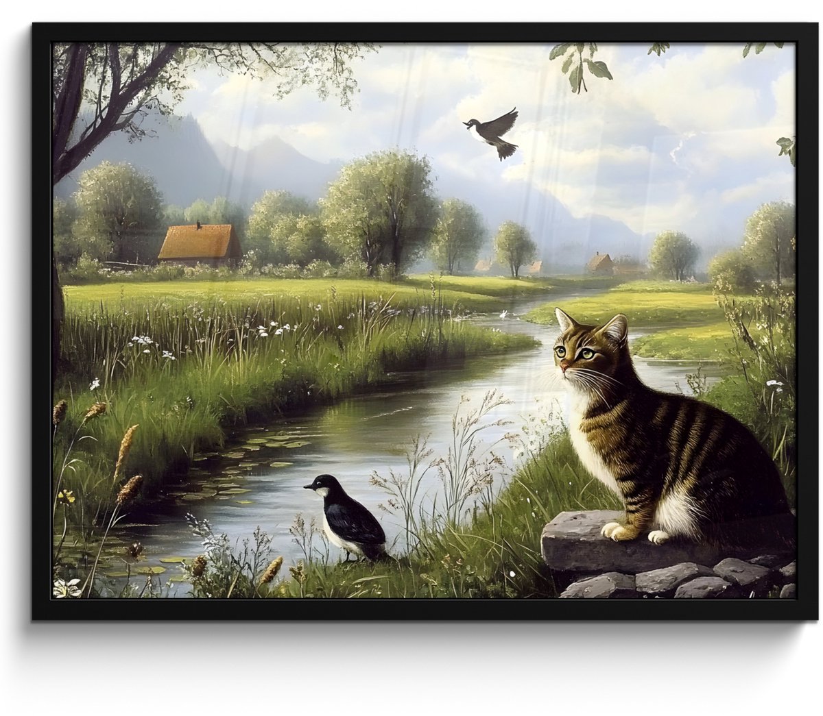 FrameYourWall Poster in lijst - Fotolijst 80x60 cm - Posters - Kat - Beekje - Weide - Posterlijst zwart - Decoratie - Wanddecoratie woonkamer - Muurdecoratie slaapkamer Kat - Natuur