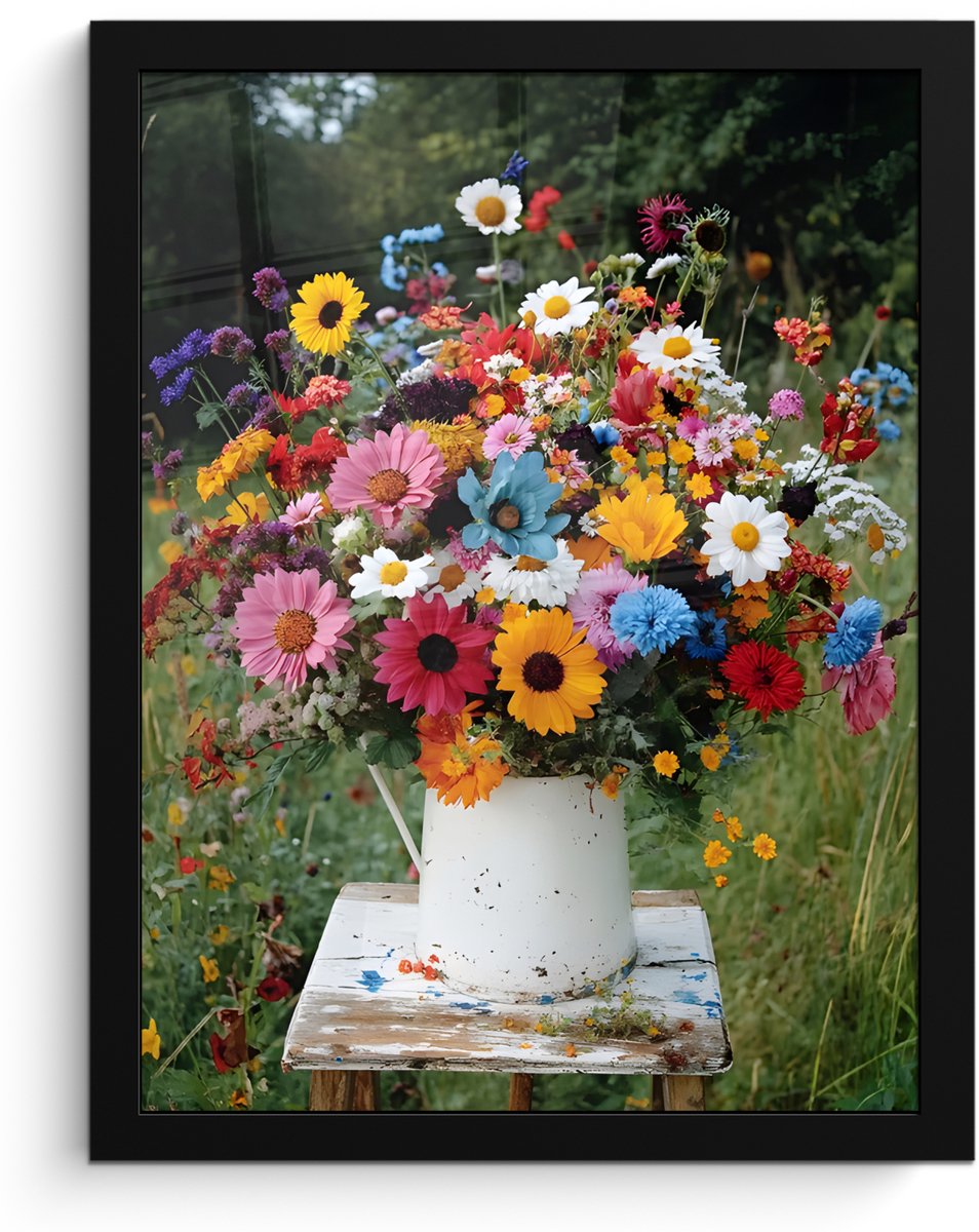 Poster in lijst - Fotolijst 30x40 cm - Posters - Bloemen - Krukje - Gieter - Veld - Poster