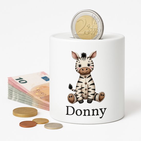 Tirelire avec imprimé zèbre et le texte 'Donny'.