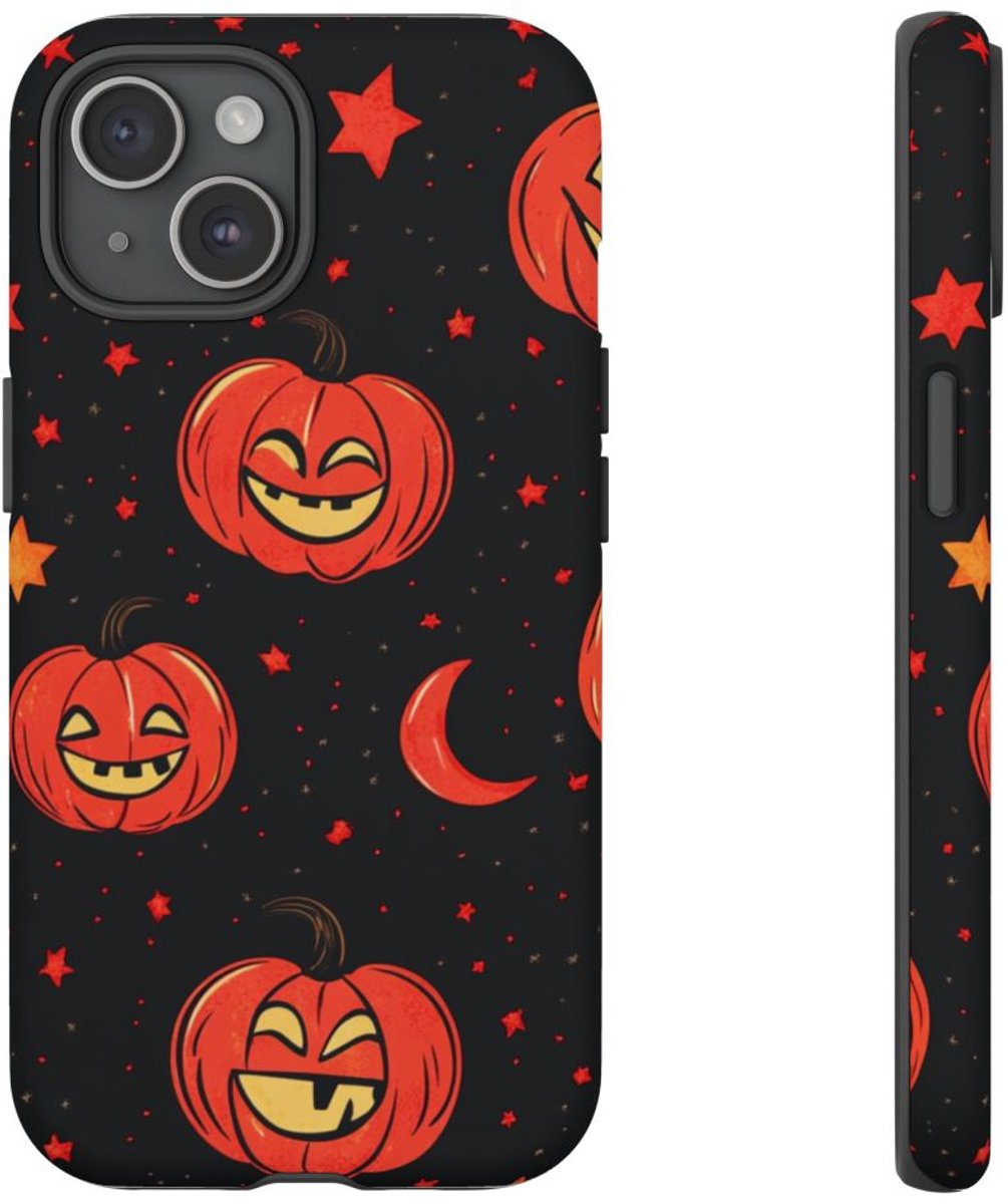Lachende Pompoenen en Maanpatroon – Telefoonhoesje Geschikt voor iPhone 15
