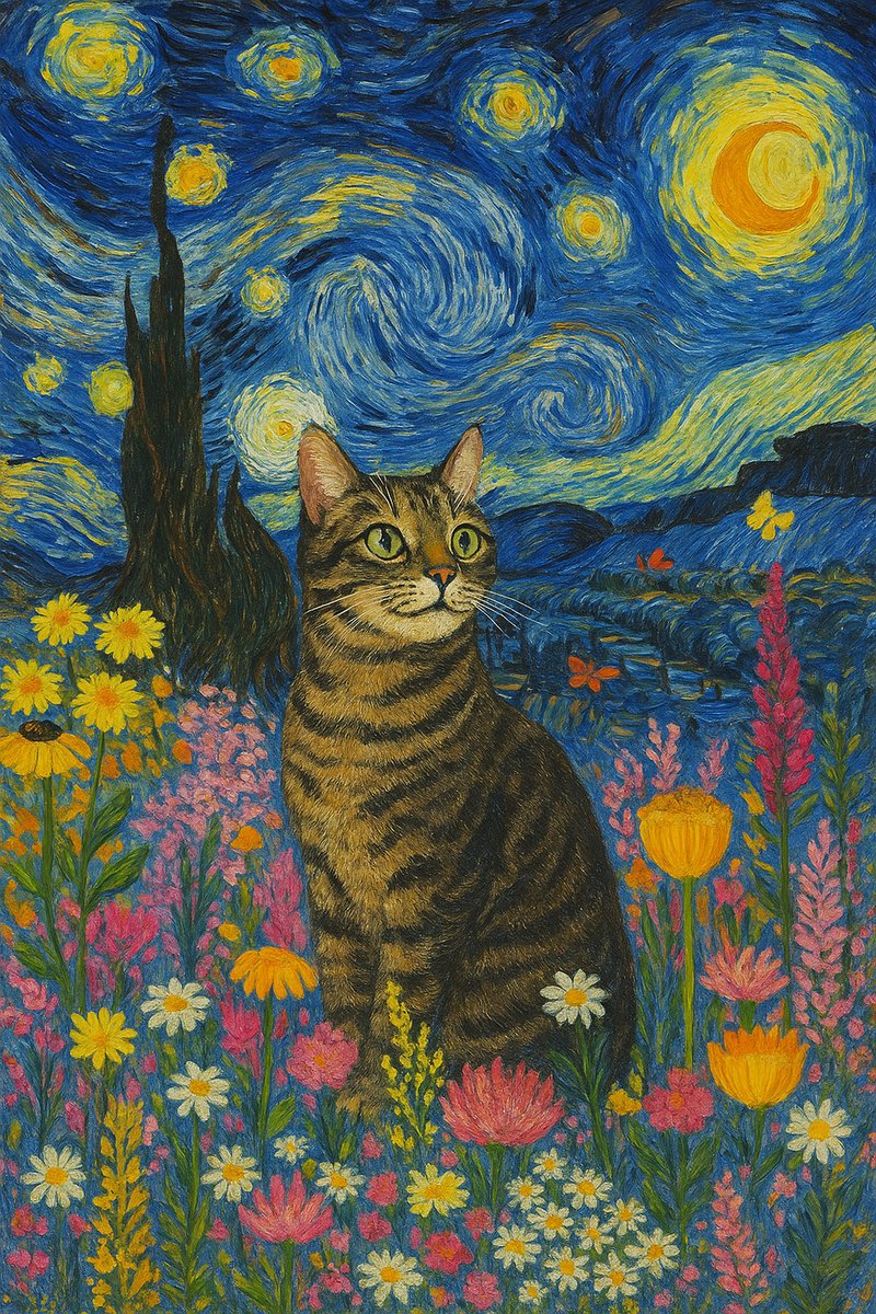 Van Gogh Kat Poster – Sterrennacht Inspiratie – A3 (30 x 40 cm) – Kleurrijk Katten Schilderij – Inclusief Zwarte Lijst