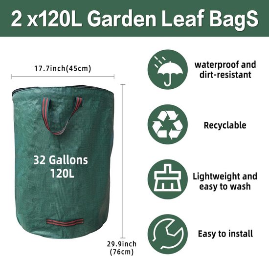 2-pack tuinafvalzakken met deksel en rits, 120 liter - Waterdichte en opvouwbare tuinafvalzakken voor bladeren, gras en snoeiafval - Herbruikbare zakken, tuinafvalzakken met 4 stevige handvatten van Merkloos	 — afbeelding 5